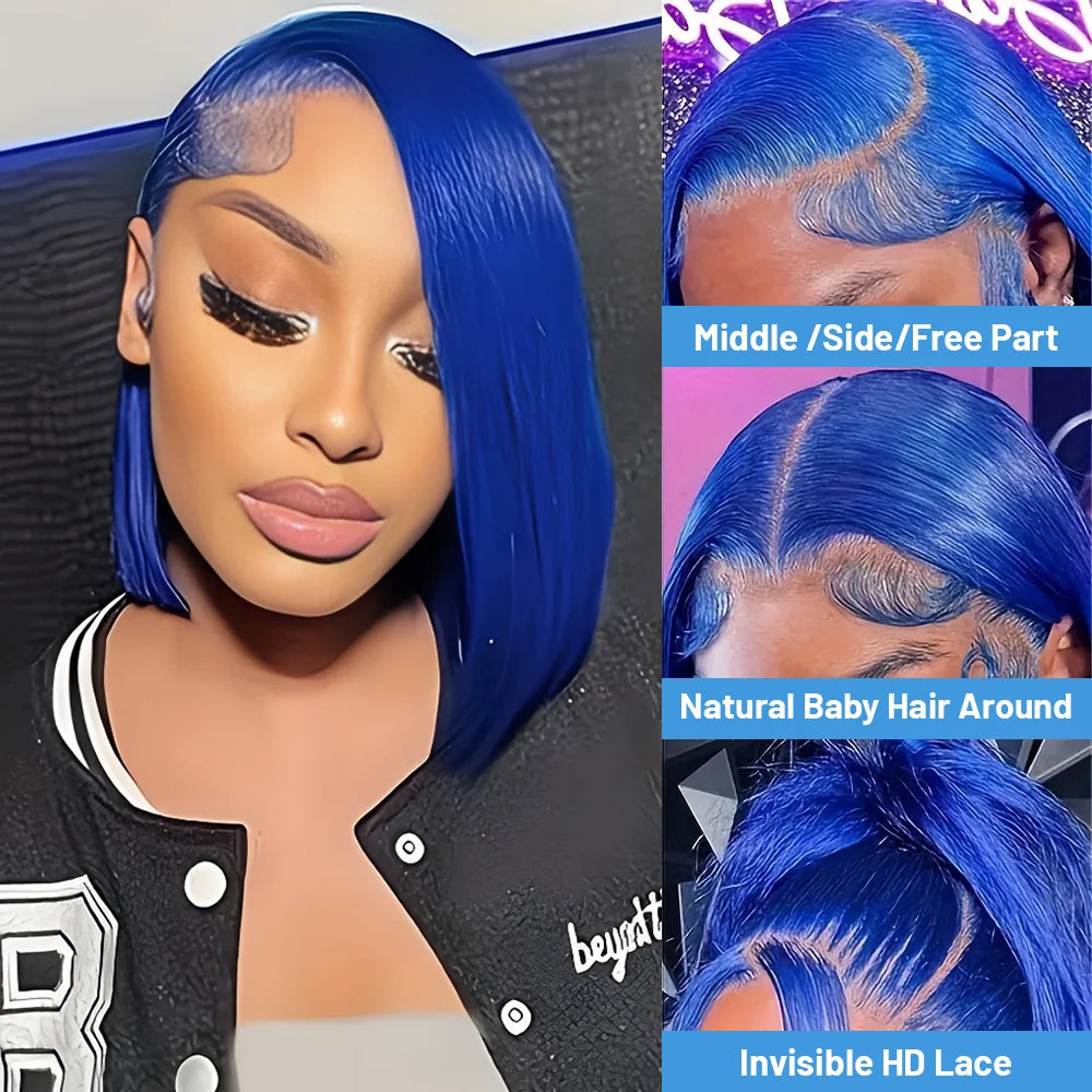 Brazilian Hair Wigs Straight Navy Blue Bob Human Hair Wig 180 Density 13x4 HD Lace Frontal Wigs On Clearance Sale For Black Women Hair Style