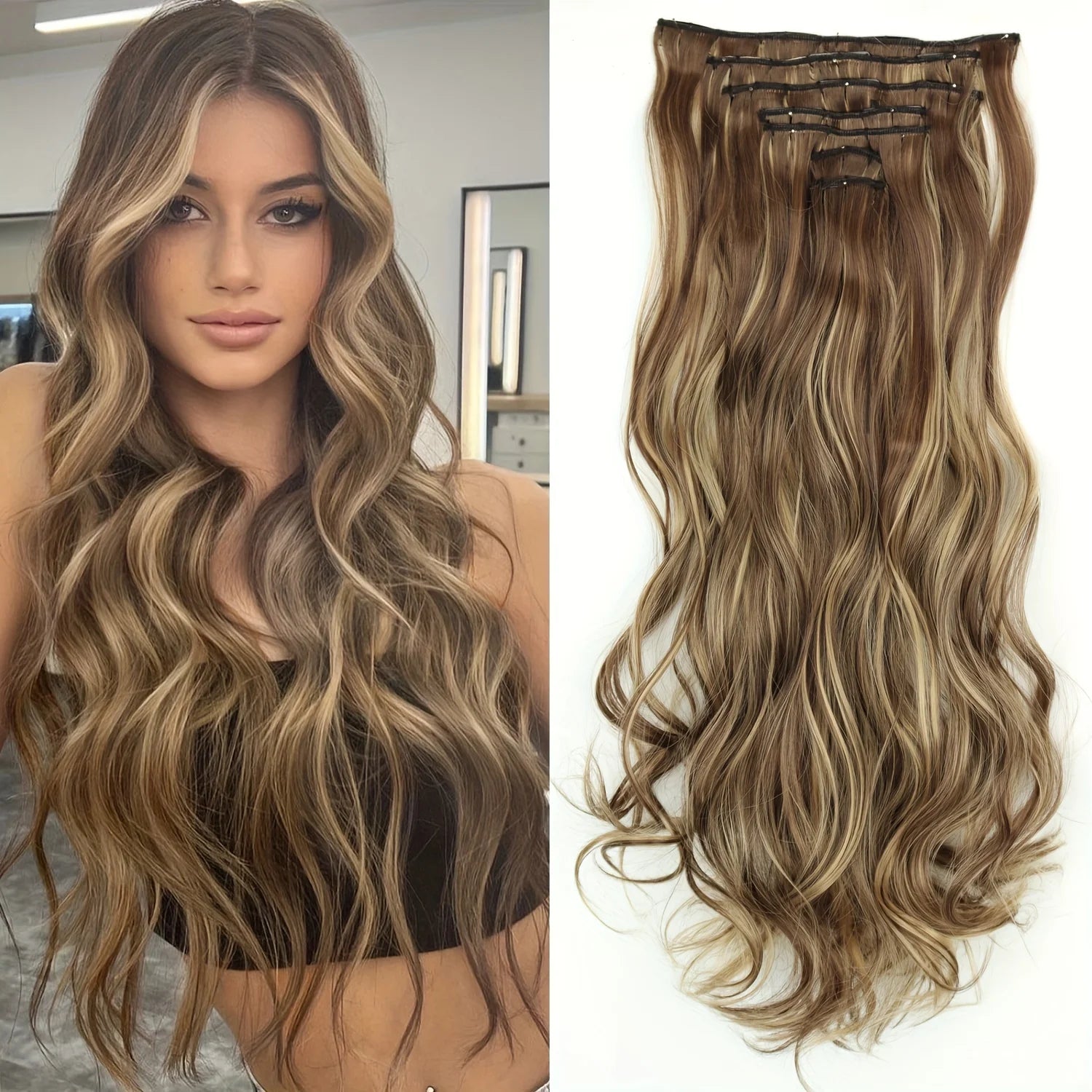 7Pcs/Set 16 Clips Wig Hair Accessories Extension Black Long Straight Natural Hair Wigs Ombre Hairpiece Heat Resistant Fiber For Women Hair Style