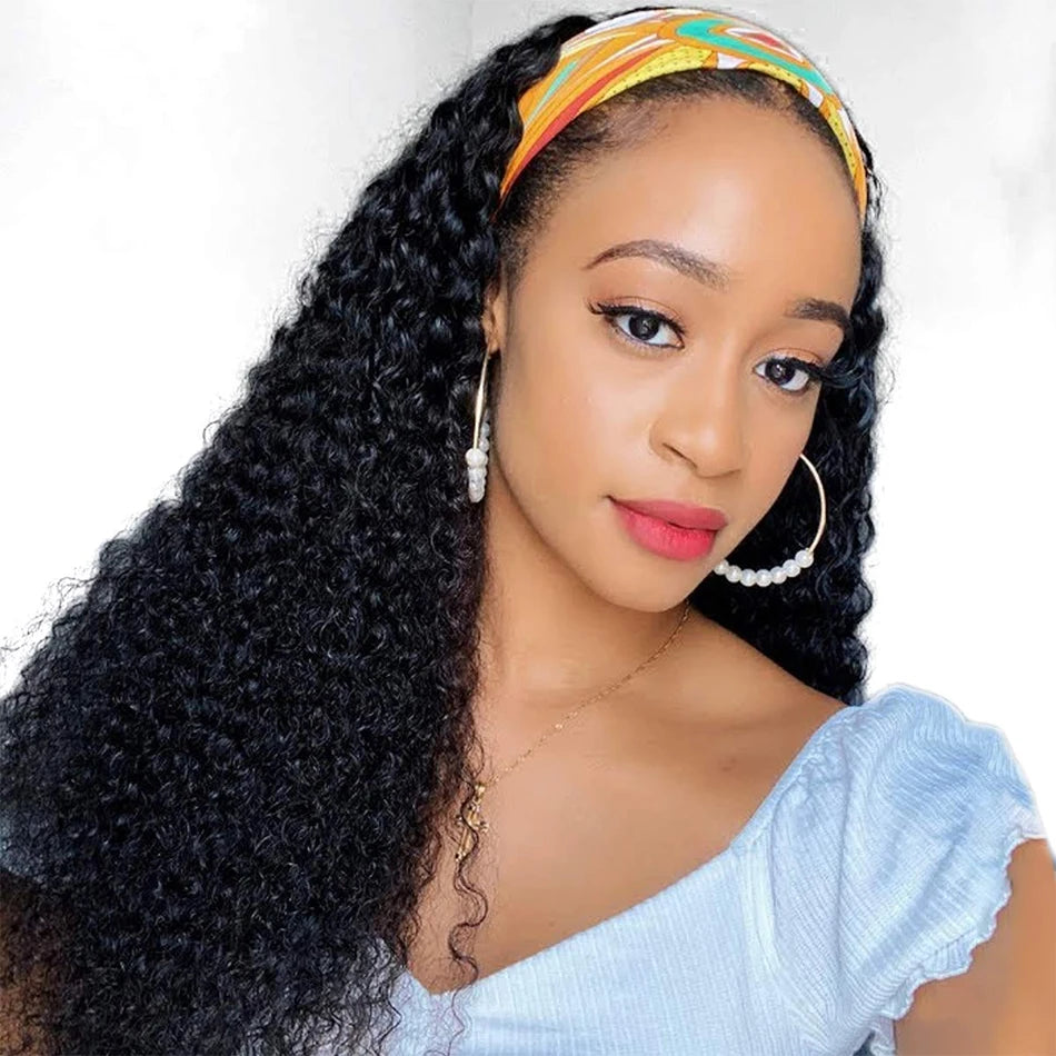 Jerry Curly Headband Human Hair Wig Brazilian Virgin Hair Perfect Natural Afro Look No Lace Needed 250% Scarf Machine Made Wig