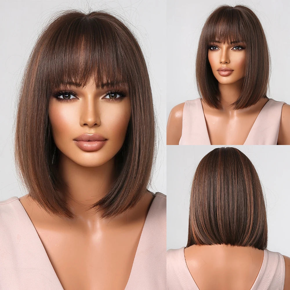 Short Straight Bob Synthetic Wigs Pink Natural Hair Wig with Bangs for Women Cosplay Cute Hair Style Heat Resistant Fiber