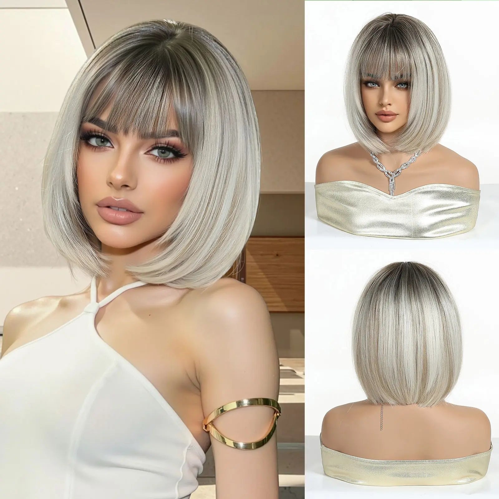 EASIHAIR Short Straight Bob Hair Wigs Synthetic Wig for Women Brown Straight Natural Wigs with Eight Character Daily Cosplay for Women Hair Style