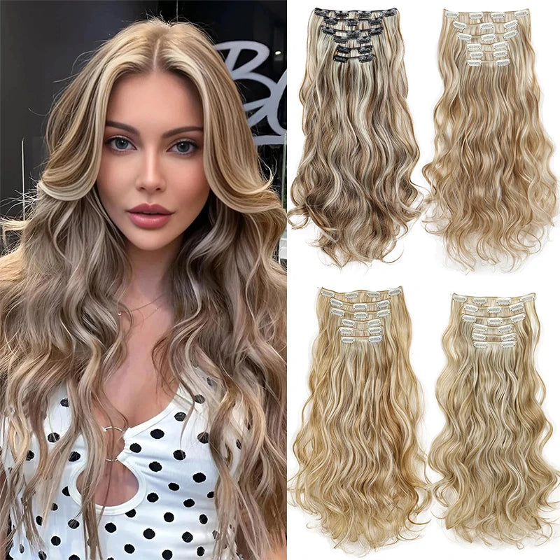 Wig Synthetic 24Inch 16Clips Long Curly Wigs Hair and Accessories Extension Heat Resistant Hair Extension Clips In Ombre Black Brown Blond Women