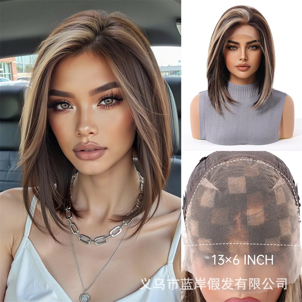 13 * 6 large lace wig, gradient white gold bob, linen shoulder length short hair wigs, suitable for everyday women