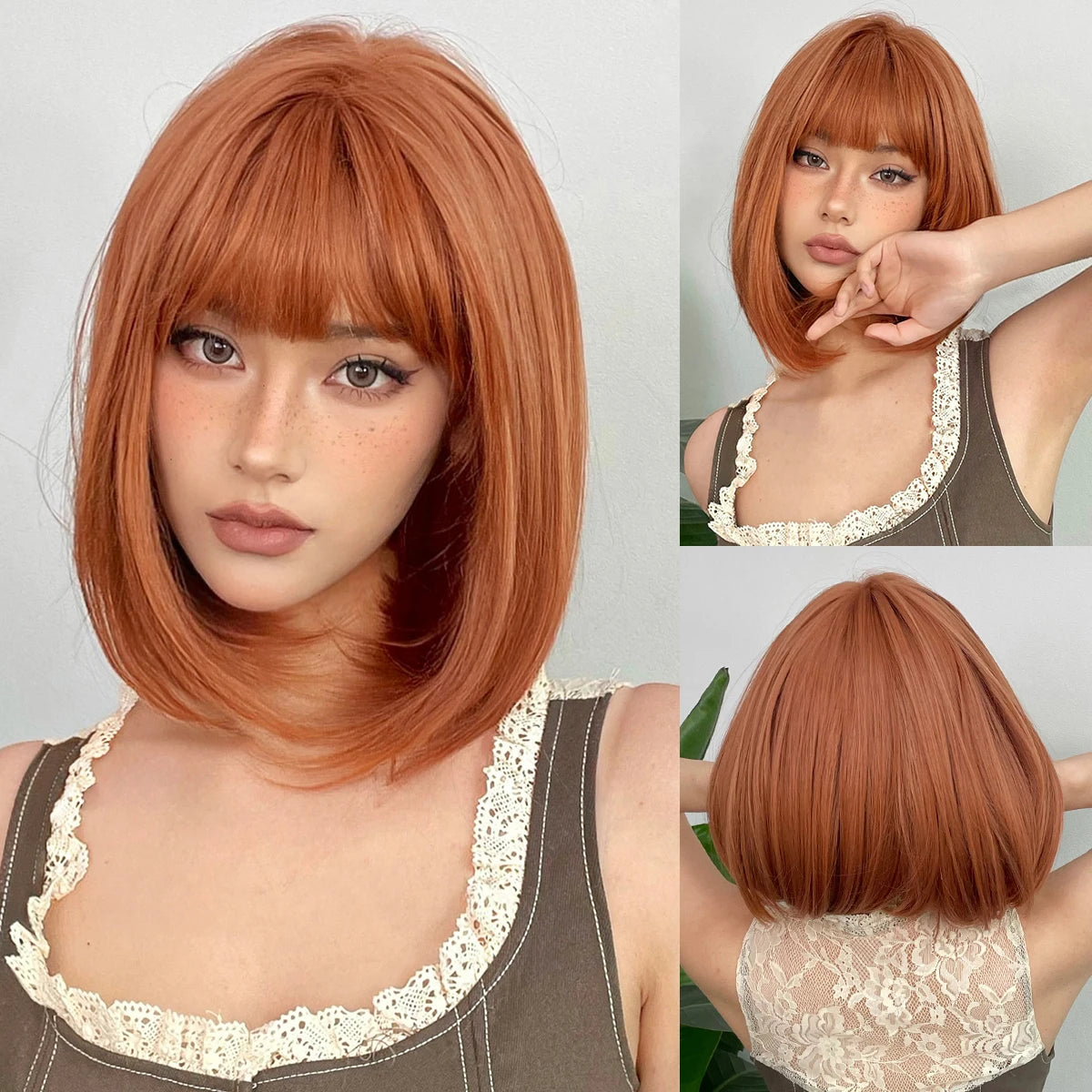 Short Layered Synthetic Wig Ombre Brown Medium Length Straight Natural Looking Hair Wigs with Bangs Heat Resistant Hair Style for Women Daily Use