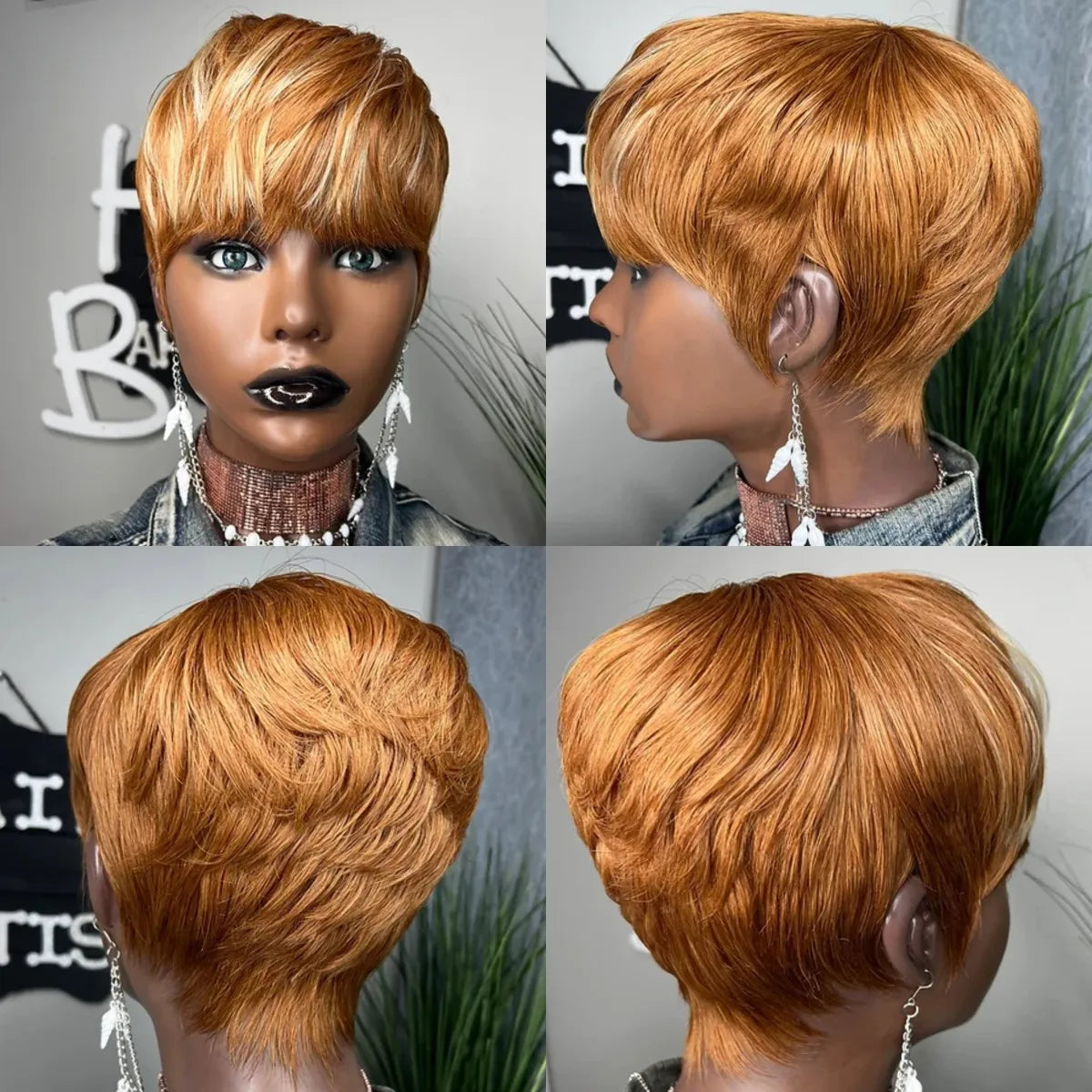 WIGERA Highlight Synthetic Hair Wigs Short Straight  Pixie Cut Hair Bob Wig Honey Gold Mix Black For Woman Daily Use