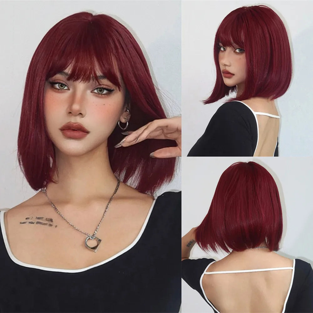 ALAN EATON Layered Synthetic Wig with Bangs Straight Short Highlights Blonde Hair Wigs with for Women Daily Use