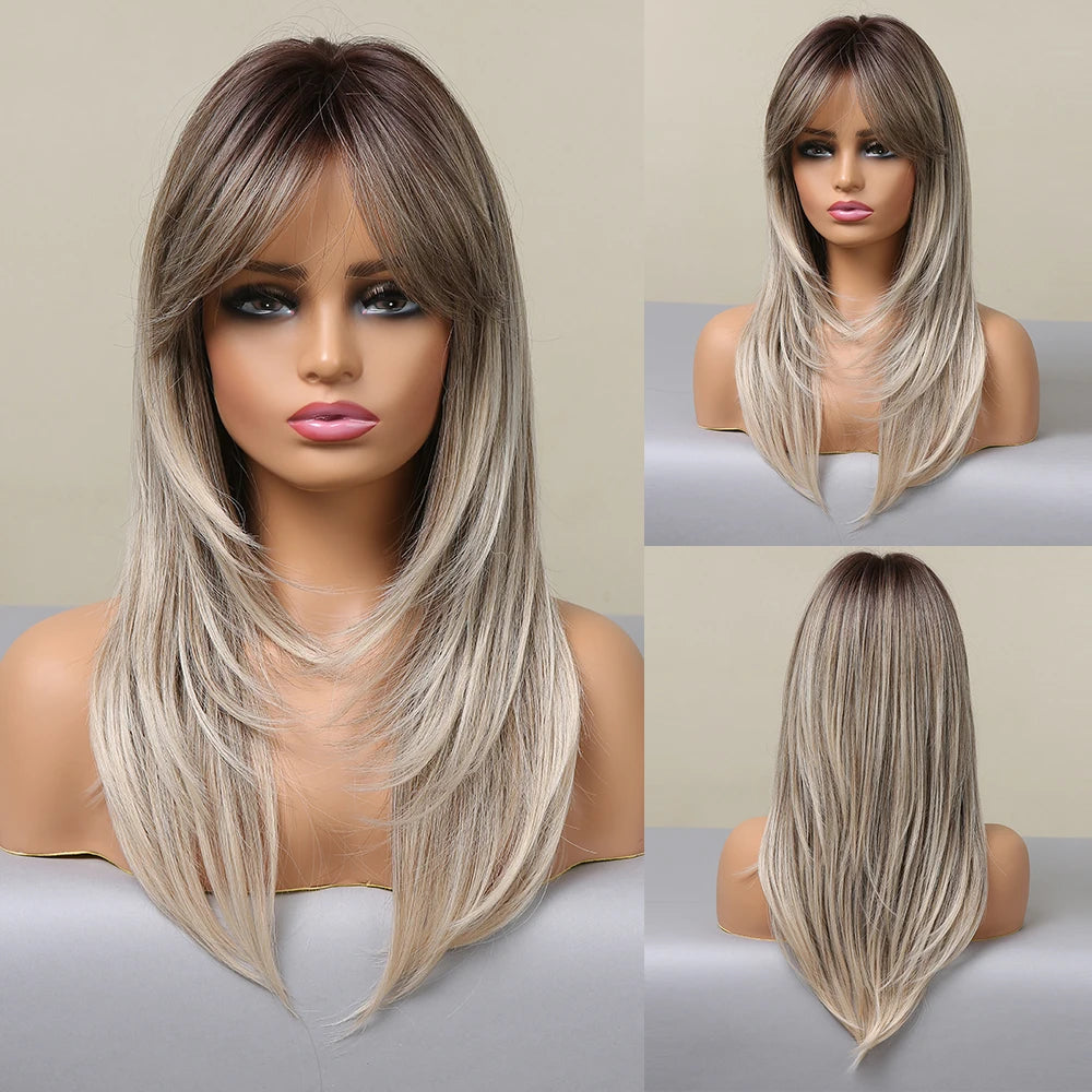 ALAN EATON Long Blonde Wig for Women Synthetic Hair Wigs with Fringe Ombre Color with Dark Roots Layered We Heat Resistant Hair Style
