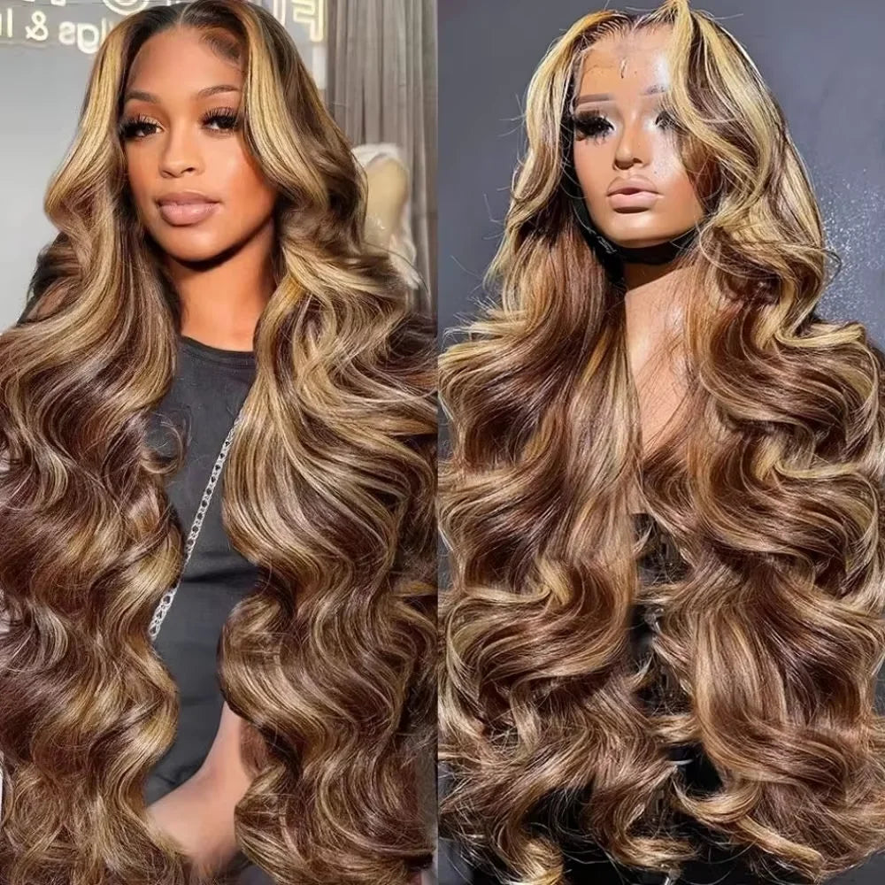P4/27 Highlight Ombre Brown Body Wave 13x6 Human Hair Wig Honey Blonde Colored 13x4 HD Lace PrePlucked 40 46 Inch Hair Style Wigs For Women