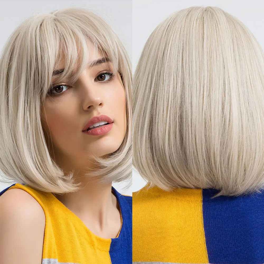Short Bob Platinum Blonde Wig with Bangs Synthetic Natural Straight Blonde Hair Wigs for White Women Party Daily Heat Resistant Hair Style