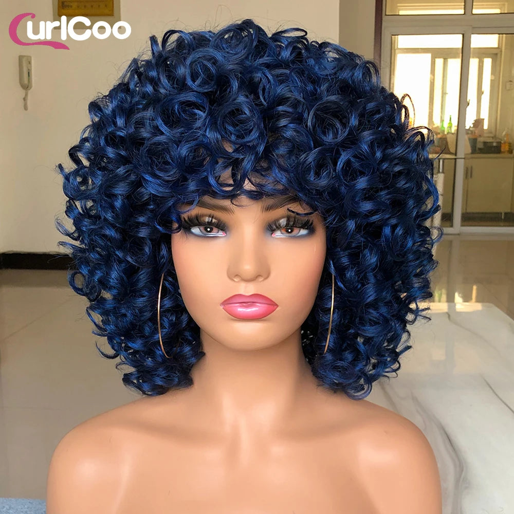 Short Hair Afro Curly Wig Natural Blonde Hair Wigs with Bangs Fluffy Synthetic Ombre Cosplay Lolita Wigs For Black Women