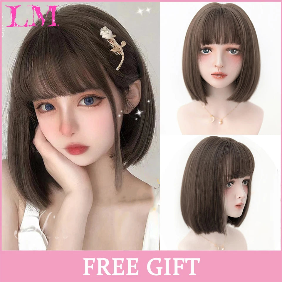 LM Cosplay Wig With Bangs Synthetic Straight Hair Wigs 24 Inch Long Heat-Resistant Pink Hair Style For Women