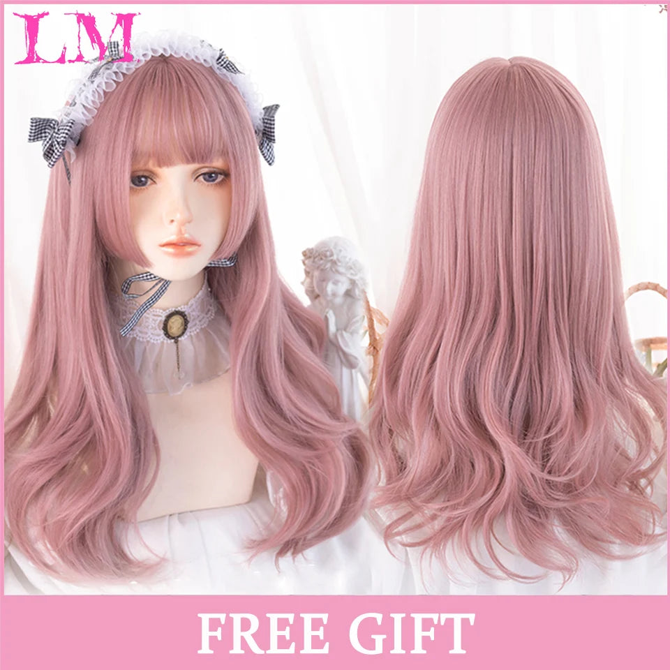 LM Cosplay Wig With Bangs Synthetic Straight Hair Wigs 24 Inch Long Heat-Resistant Pink Hair Style For Women