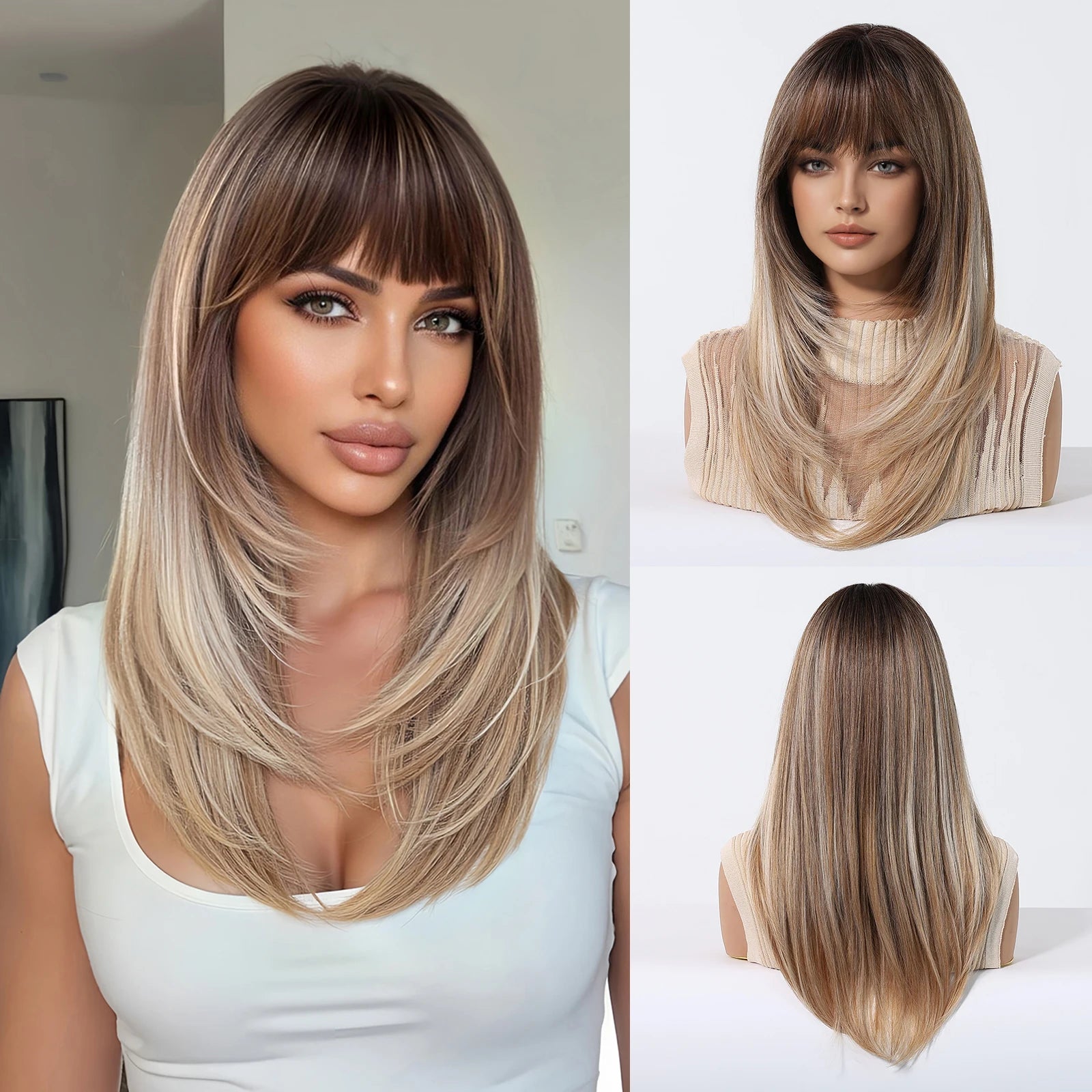 ALAN EATON Long Brown Highlight Synthetic Wig Layered Straight Hair Style Wigs Realistic Fake Hair for Daily Wear High Temperature Wigs