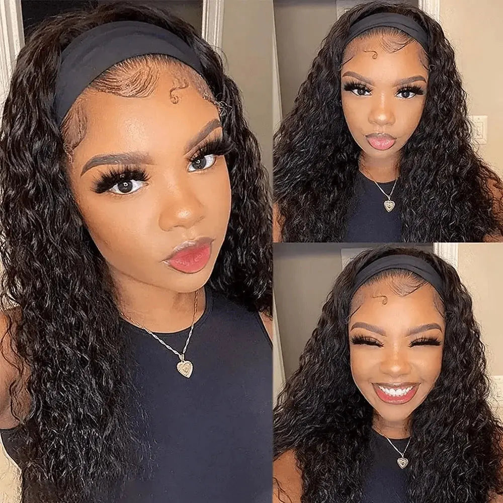 250% Density Headband Wigs Human Hair For Women Deep Water Wave Natural Color Deep Wave Glueless Human Hair Wig  Human Hair