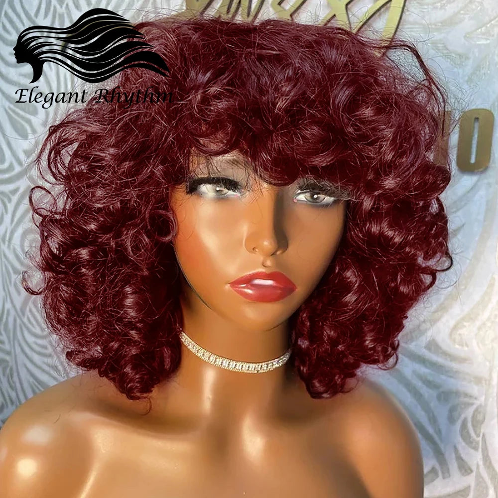 Short Curly Bob Wig Human Hair With Bangs Ready to Go Glueless Bouncy Curly Human Hair Wigs Machine Made Afro Wigs for Women Hair Style