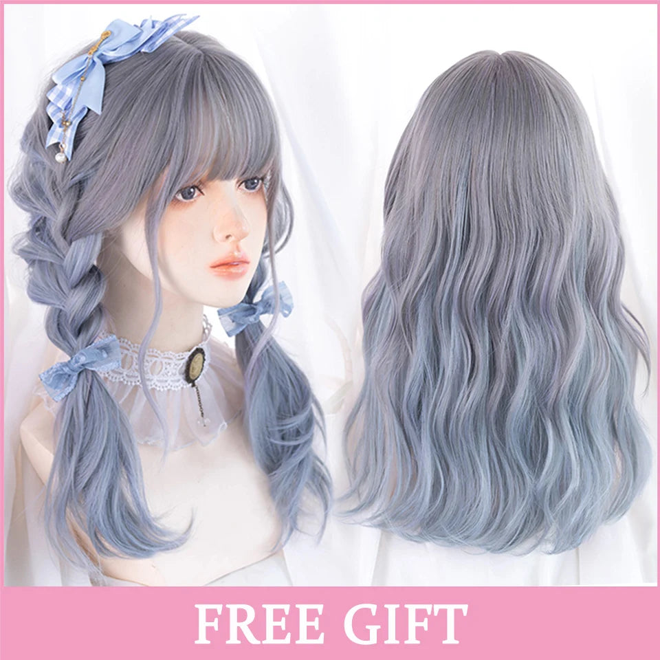 LM Cosplay Wig With Bangs Synthetic Straight Hair Wigs 24 Inch Long Heat-Resistant Pink Hair Style For Women