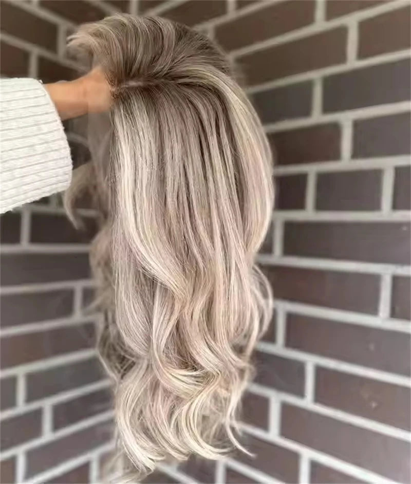Invisible Transparent Lace Ombre Platinum Blonde Wig with Dark Roots Party Wigs Lace Front Wig Synthetic HD Wigs For Women 20 inch