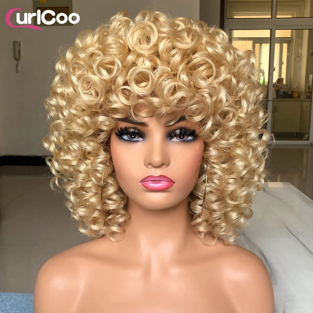 Short Hair Afro Curly Wig Natural Blonde Hair Wigs with Bangs Fluffy Synthetic Ombre Cosplay Lolita Wigs For Black Women