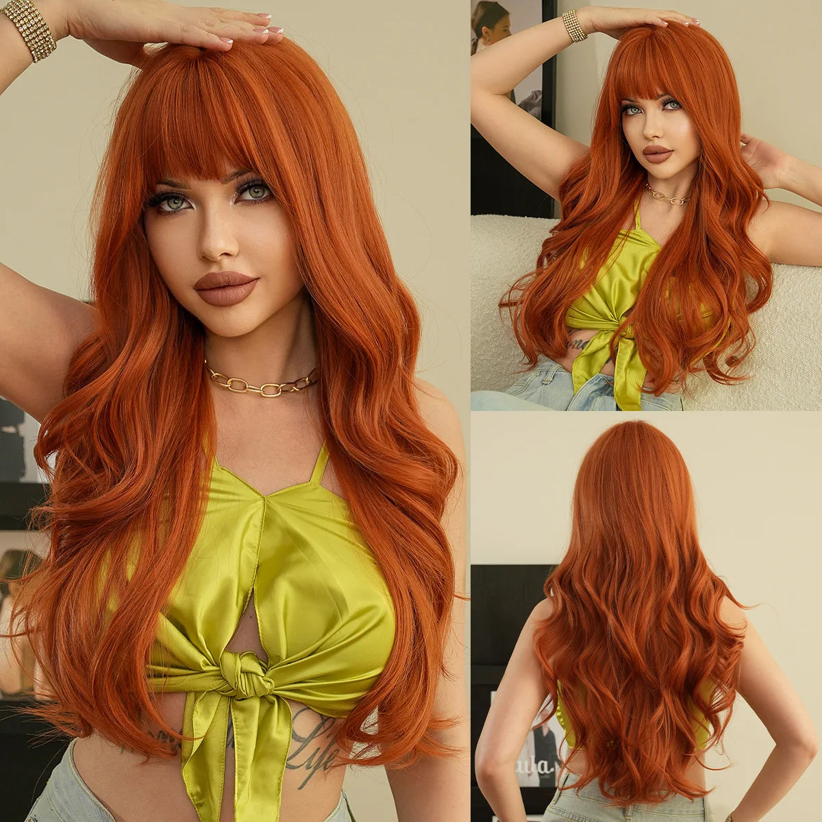New wine red synthetic wig with bangs big waves long curly hair daily holiday wigs high temperature silk full head cover