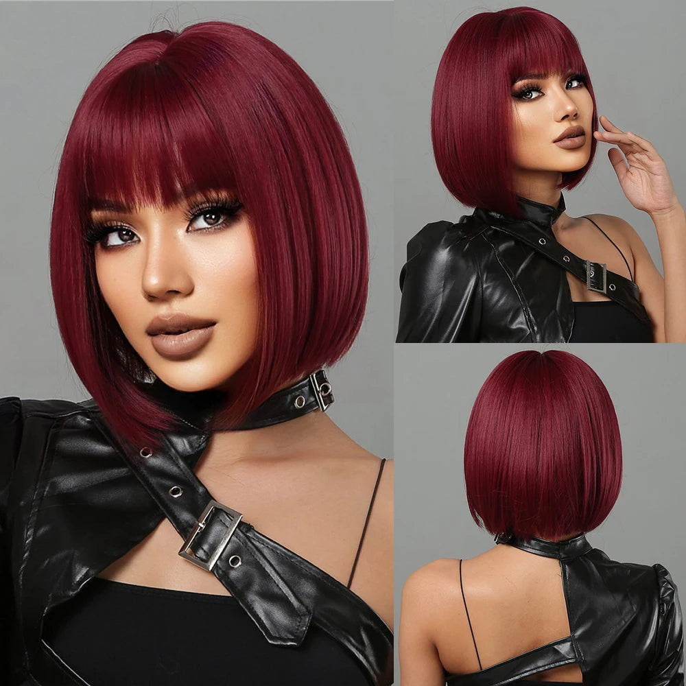 Short straight synthetic wig Ginger Brown Bob wigs with straight bangs Ladies Cosplay daily natural high temperature silk wigs