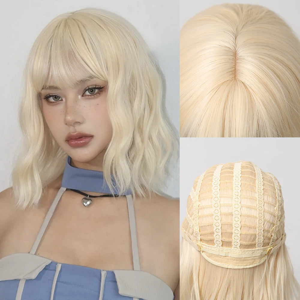 Blonde Short Curly Bob Synthetic Wig with Bangs Platium Golden Lolita Cosplay Wigs for Women Daily Party Cosplay Heat Resistant of Hair Wigs