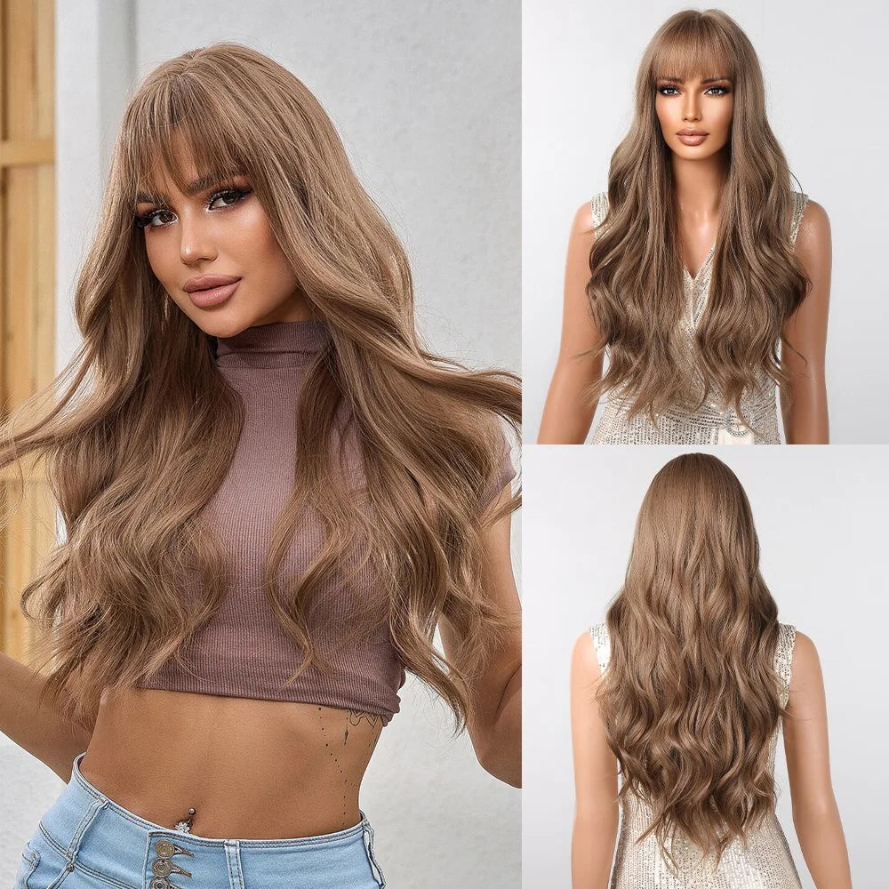 28 Inch Long Curly Wig With Bangs Ombre Brown Hair Style Wigs For Women Highlight Blonde Synthetic Wig For Daily Party Heat Resistant