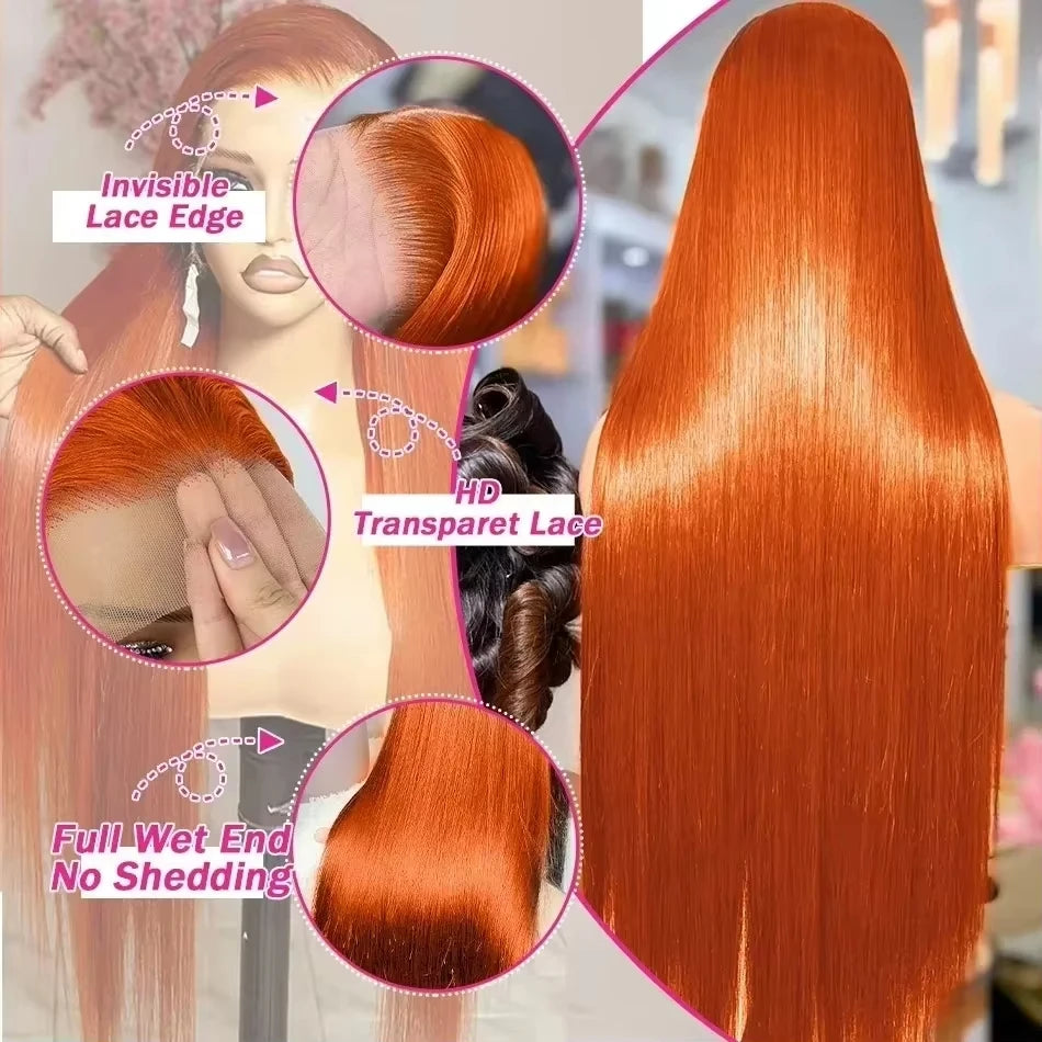 250 Density Ginger Hd Lace Wig 13x6 Human Hair Wig Straight Hd Lace Frontal Wig 13x6 100% Brazilian Pre Plucked Wigs For Women ﻿
