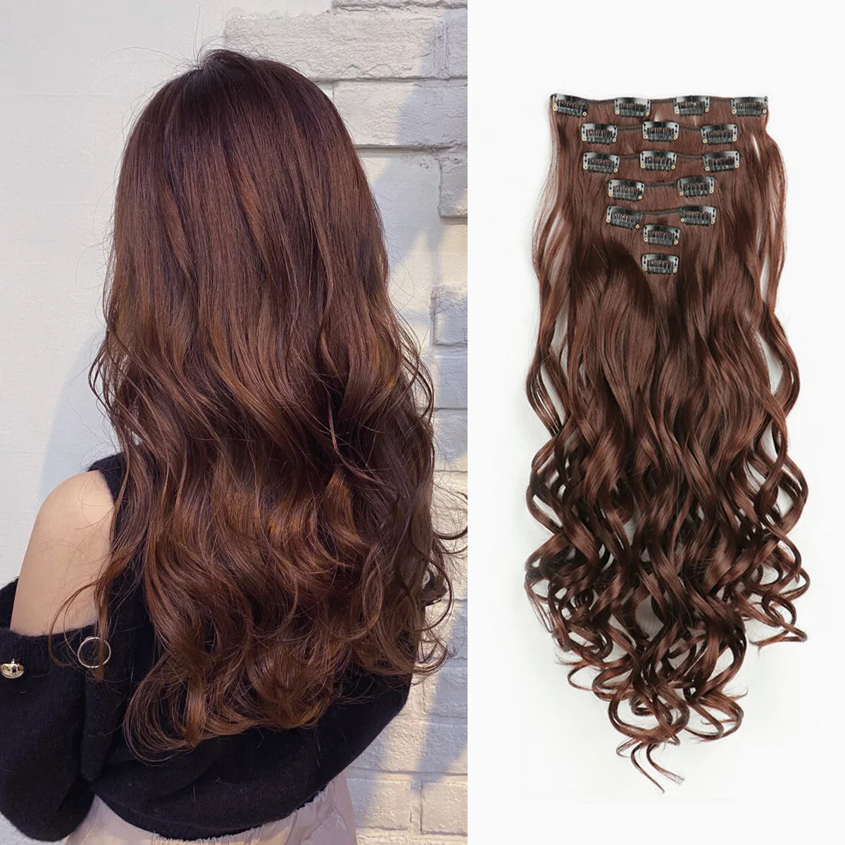 Clip In Wig Hair Extensions 7 PCS Full Head 22 Inch Long Curly Wavy Synthetic Hair Wigs Pieces Natural Wavy For Women Girls Hair Style