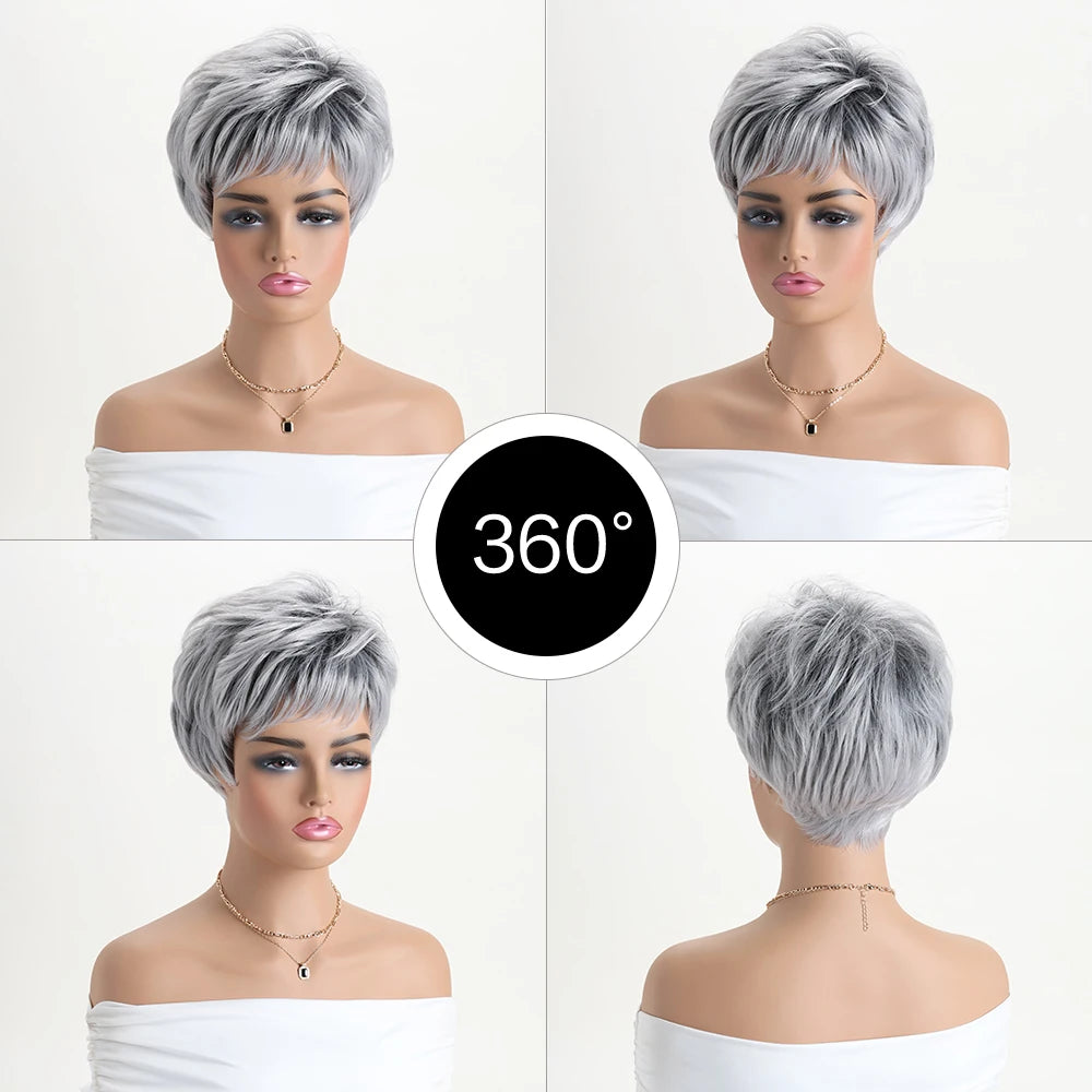 Short Natural Wigs with Bangs Soft Mommy Hair Daily Use Short  Grey Ombre Curly Synthetic Hair Costume Party Wig for Women