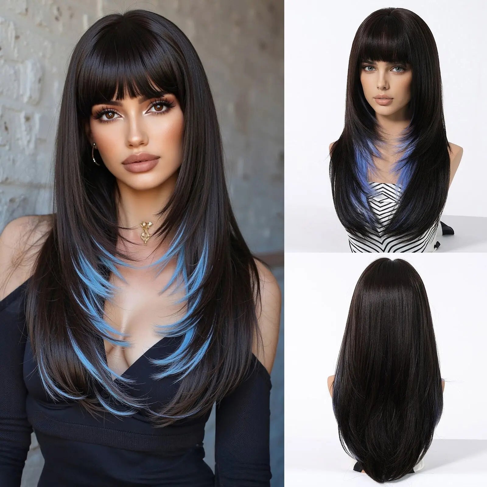 ALAN EATON Long Brown Highlight Synthetic Wig Layered Straight Hair Style Wigs Realistic Fake Hair for Daily Wear High Temperature Wigs