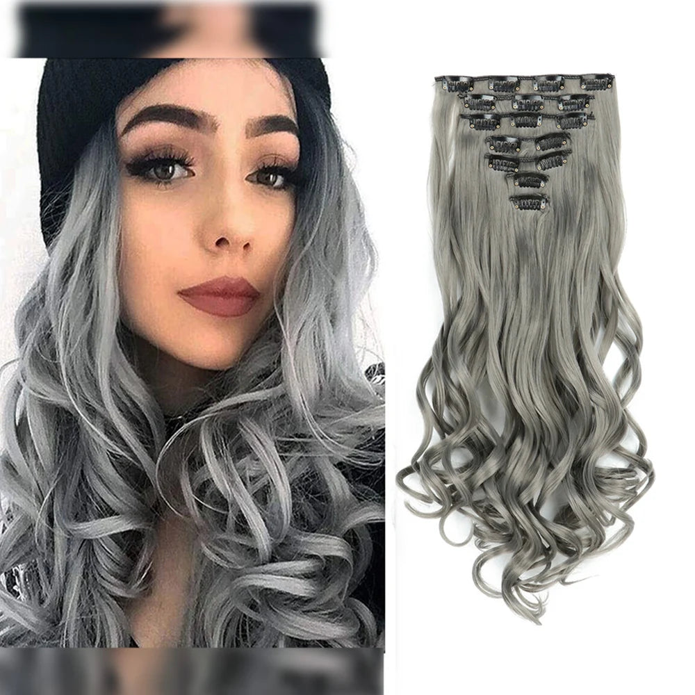 Clip In Wig Hair Extensions 7 PCS Full Head 22 Inch Long Curly Wavy Synthetic Hair Wigs Pieces Natural Wavy For Women Girls Hair Style
