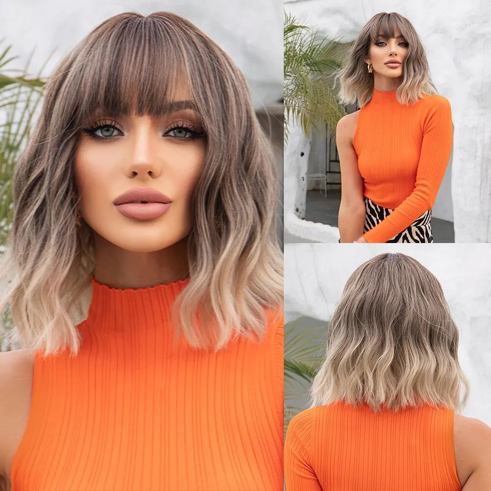 Women Grey Wavy Bob Wigs with Bangs Short Blonde Ombre Synthetic Hair Wigs With with Dark Roots Natural Hair Style for Women Daily Use