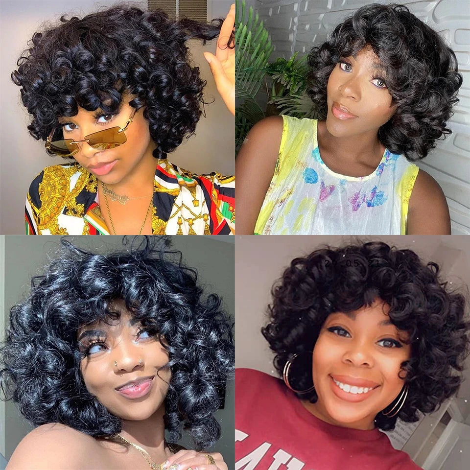 Short Curly Bob Wig Human Hair With Bangs Ready to Go Glueless Bouncy Curly Human Hair Wigs Machine Made Afro Wigs for Women Hair Style