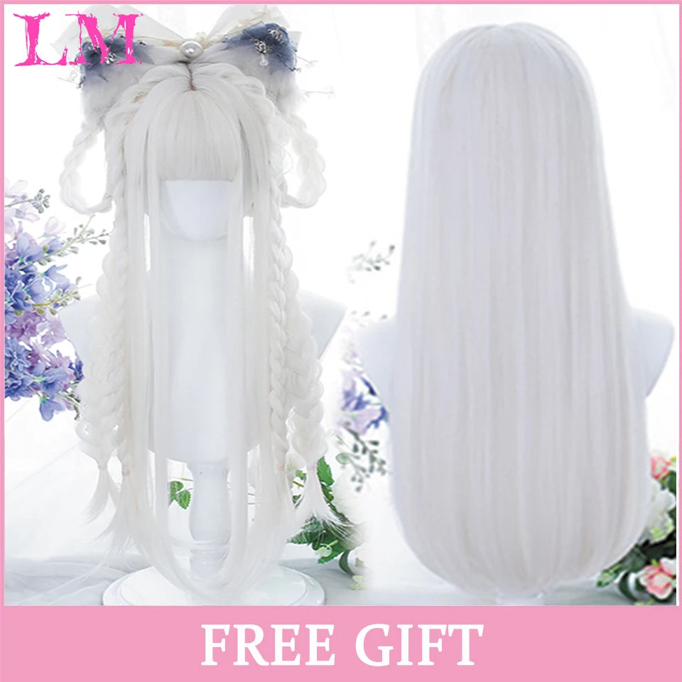 LM Cosplay Wig With Bangs Synthetic Straight Hair Wigs 24 Inch Long Heat-Resistant Pink Hair Style For Women