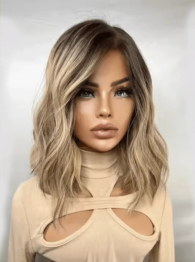 Authentic European Blonde Synthetic Wigs Brown Root short Hair Style Wig Jewish Hair 13x4 Lace Front Wig For Women Daily Party Use