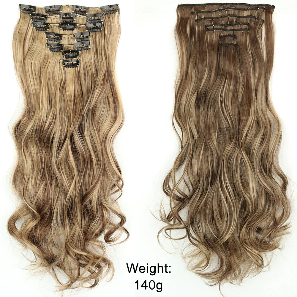 7Pcs/Set 16 Clips Wig Hair Accessories Extension Black Long Straight Natural Hair Wigs Ombre Hairpiece Heat Resistant Fiber For Women Hair Style
