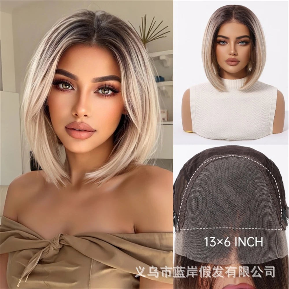 13 * 6 large lace wig, gradient white gold bob, linen shoulder length short hair wigs, suitable for everyday women