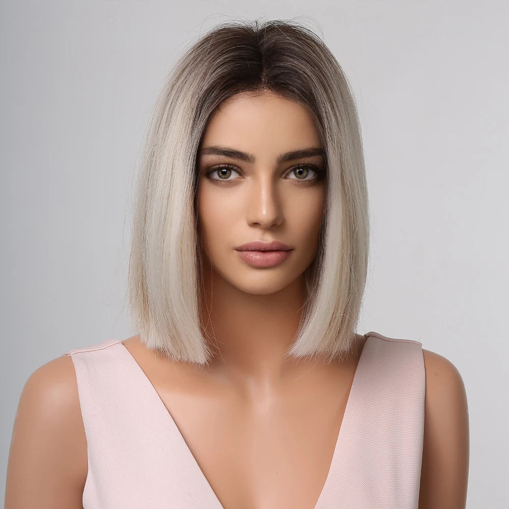 Brown Blonde Ombre Synthetic Hair Wigs Short Straight Bob Wig for Women Middle Part Lolita Cosplay Natural Hair Heat Resistant Fiber