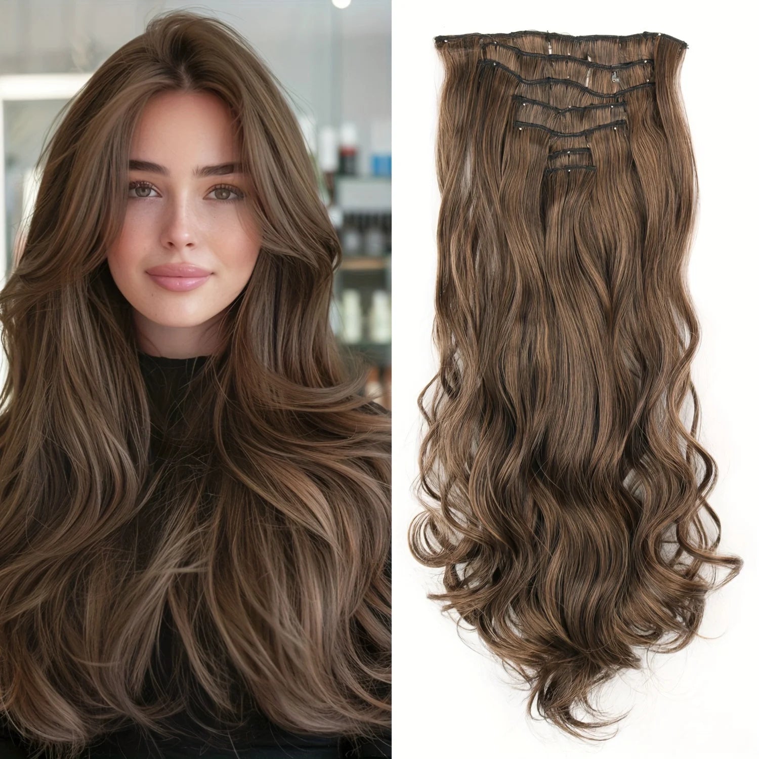 7Pcs/Set 16 Clips Wig Hair Accessories Extension Black Long Straight Natural Hair Wigs Ombre Hairpiece Heat Resistant Fiber For Women Hair Style