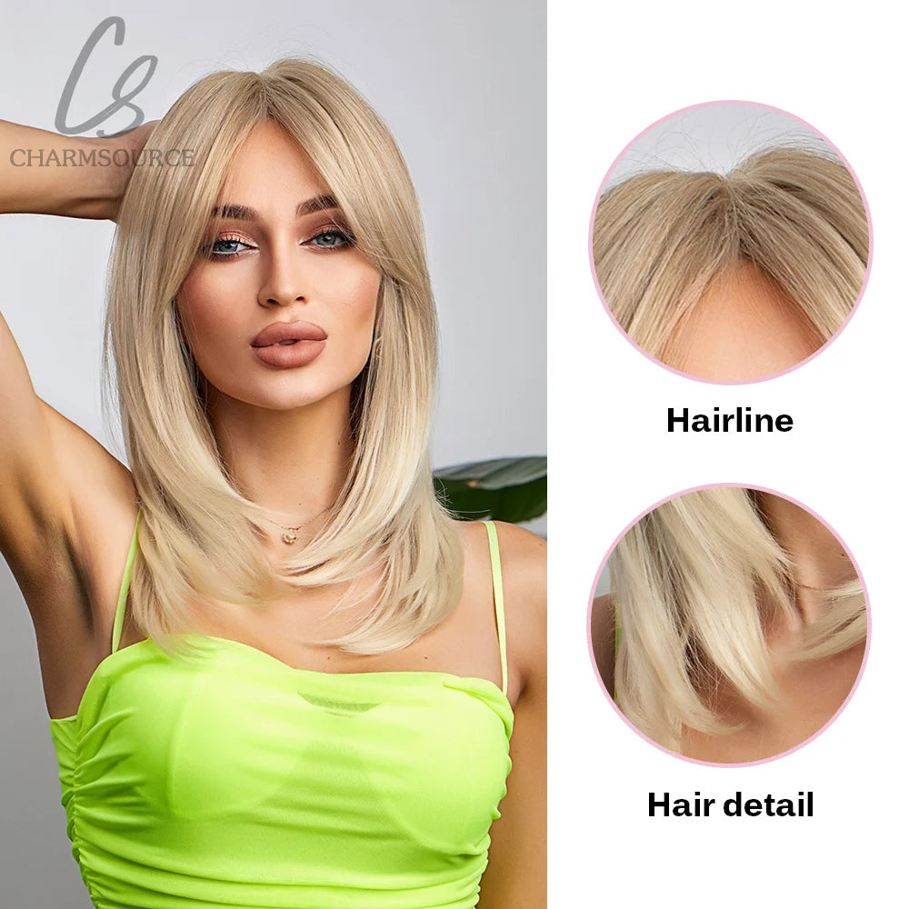CharmSource Blonde Long Hair Natural Straight Wig Synthetic Wigs  for Women Daily Party High Density