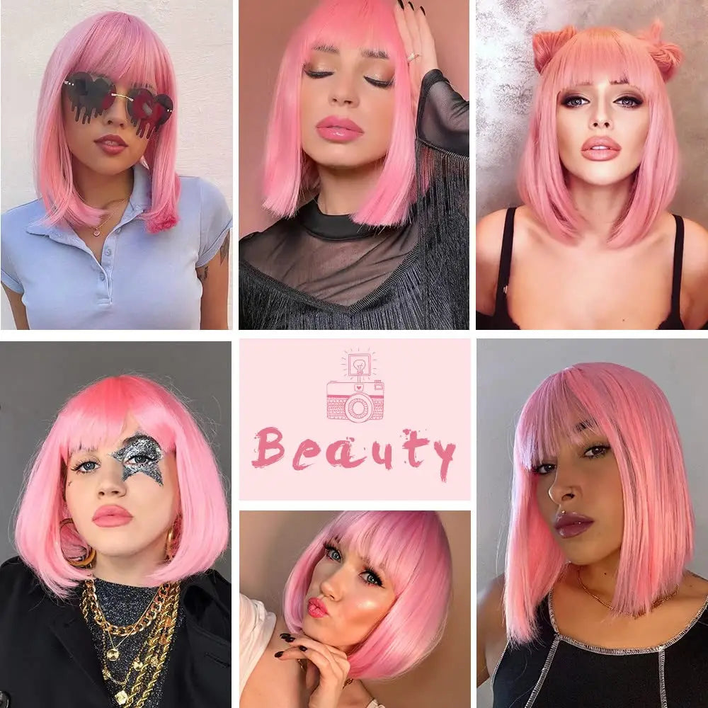 Short Straight Bob Synthetic Wigs Pink Natural Hair Wig with Bangs for Women Cosplay Cute Hair Style Heat Resistant Fiber
