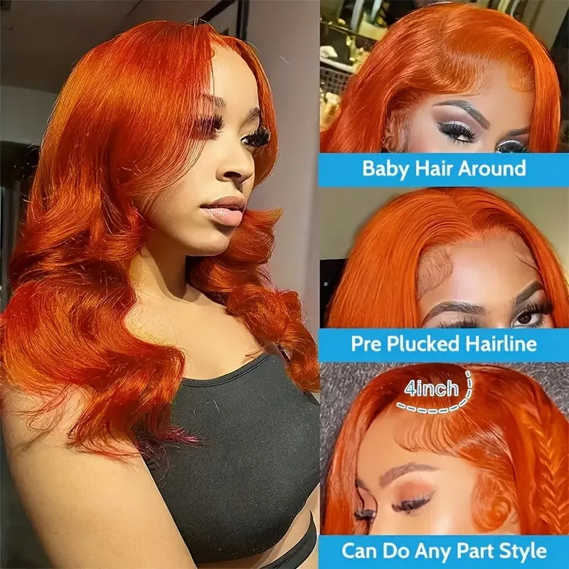 13x4 Lace Front Fashion Dress Up Ginger Orange Body Wave Bob Wig Human Hair Wig Closure With Baby Hair #350 For Women