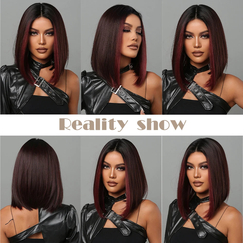 Medium Length Chestnut Brown Synthetic Wigs Hair Middle Part Wine Red Highlights Straight Wig Heat Resistant for Women Party Cosplay