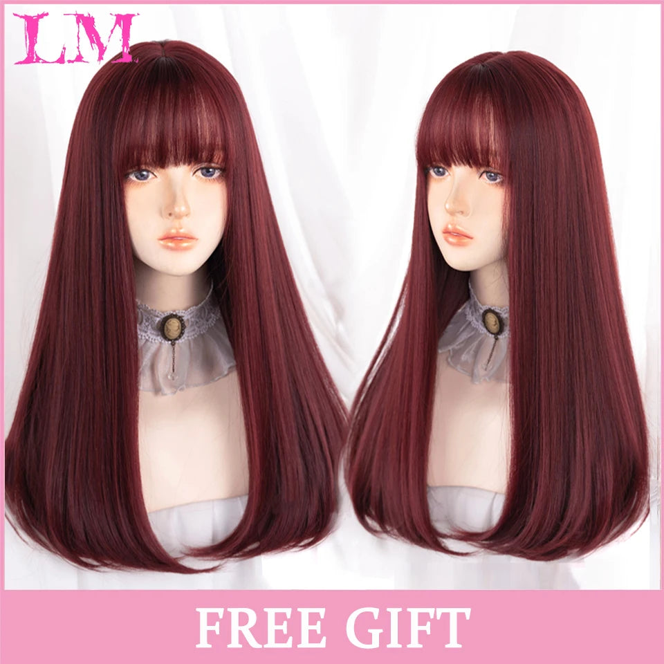 LM Cosplay Wig With Bangs Synthetic Straight Hair Wigs 24 Inch Long Heat-Resistant Pink Hair Style For Women