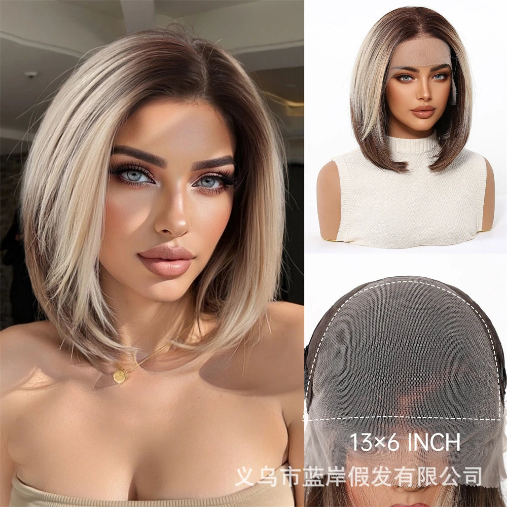 13 * 6 large lace wig, gradient white gold bob, linen shoulder length short hair wigs, suitable for everyday women