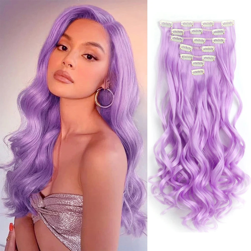 Clip In Wig Hair Extensions 7 PCS Full Head 22 Inch Long Curly Wavy Synthetic Hair Wigs Pieces Natural Wavy For Women Girls Hair Style
