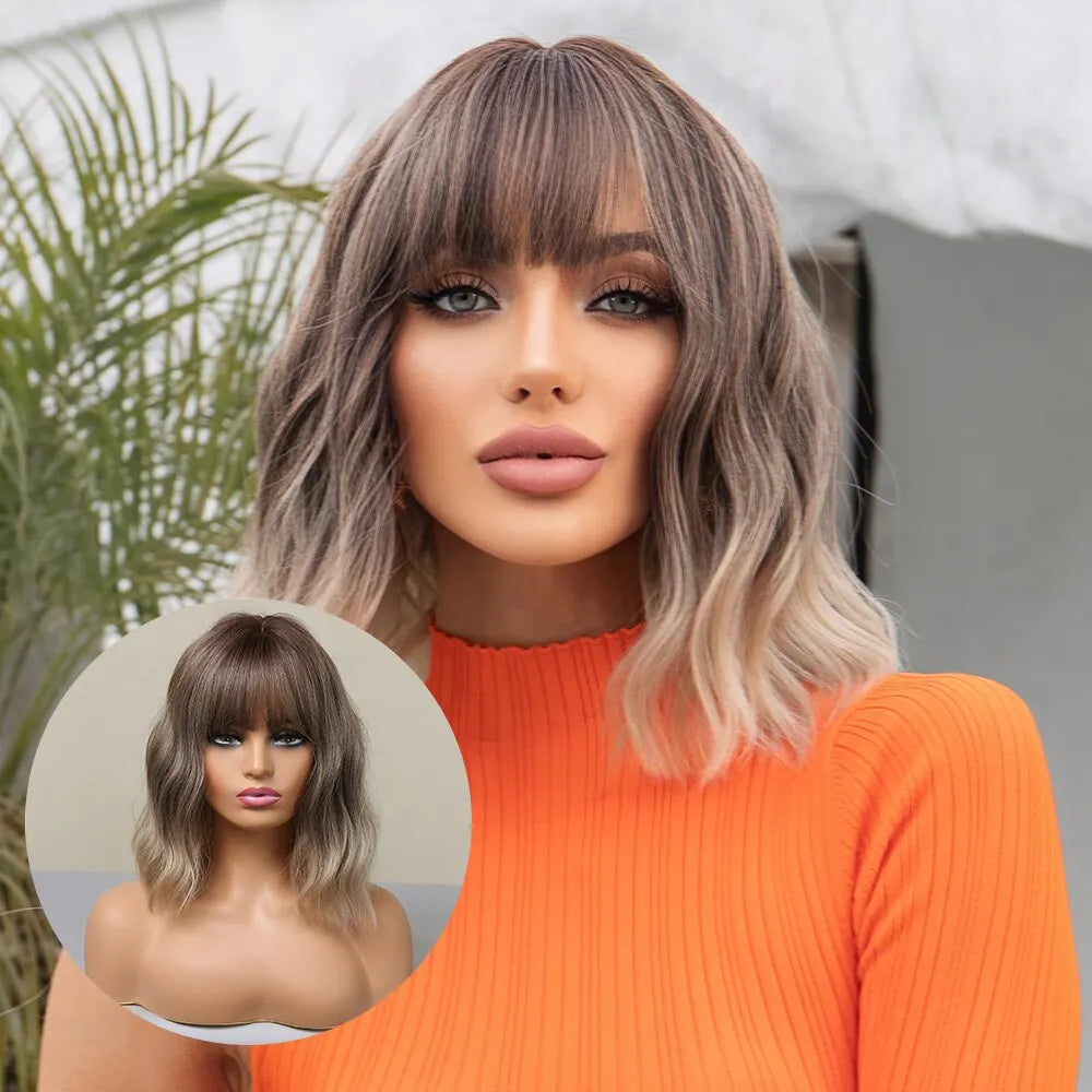 Women Grey Wavy Bob Wigs with Bangs Short Blonde Ombre Synthetic Hair Wigs With with Dark Roots Natural Hair Style for Women Daily Use