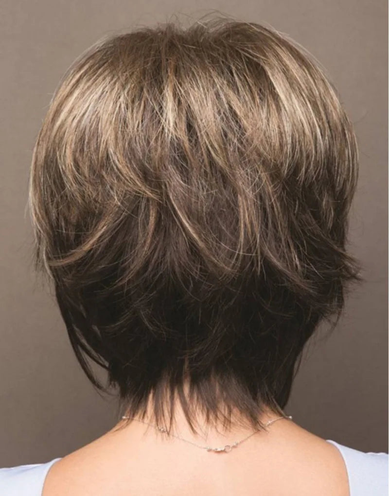 Short Hair Wigs with Bangs Dark Brown Mixed Blonde Pixie Cut Wig for Women Straight Synthetic Fiber Wigs Hair