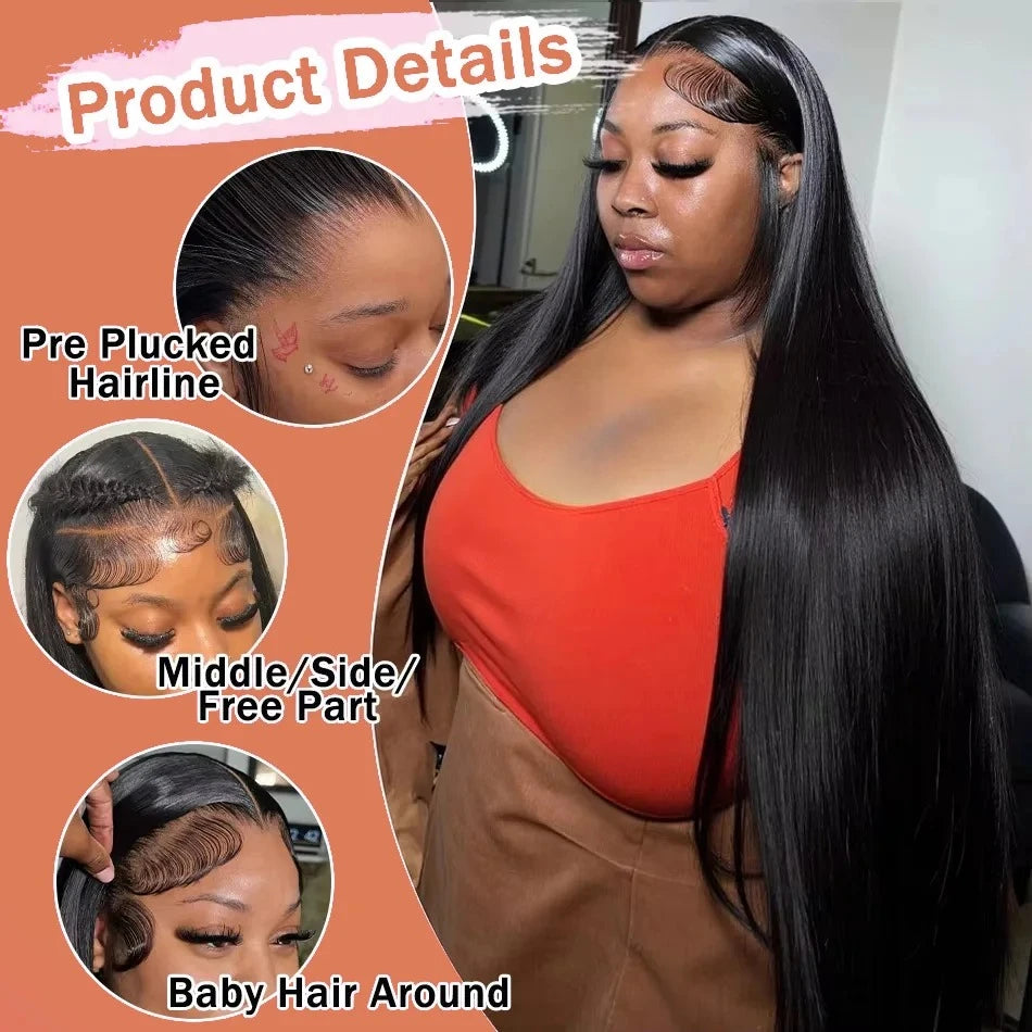 250% 40Inch Straight Lace Front Hair Wigs Human Hair 13x6 HD Lace Frontal Wig 13X4 Bone Straight Human Hair Wig Pre-plucked For Women