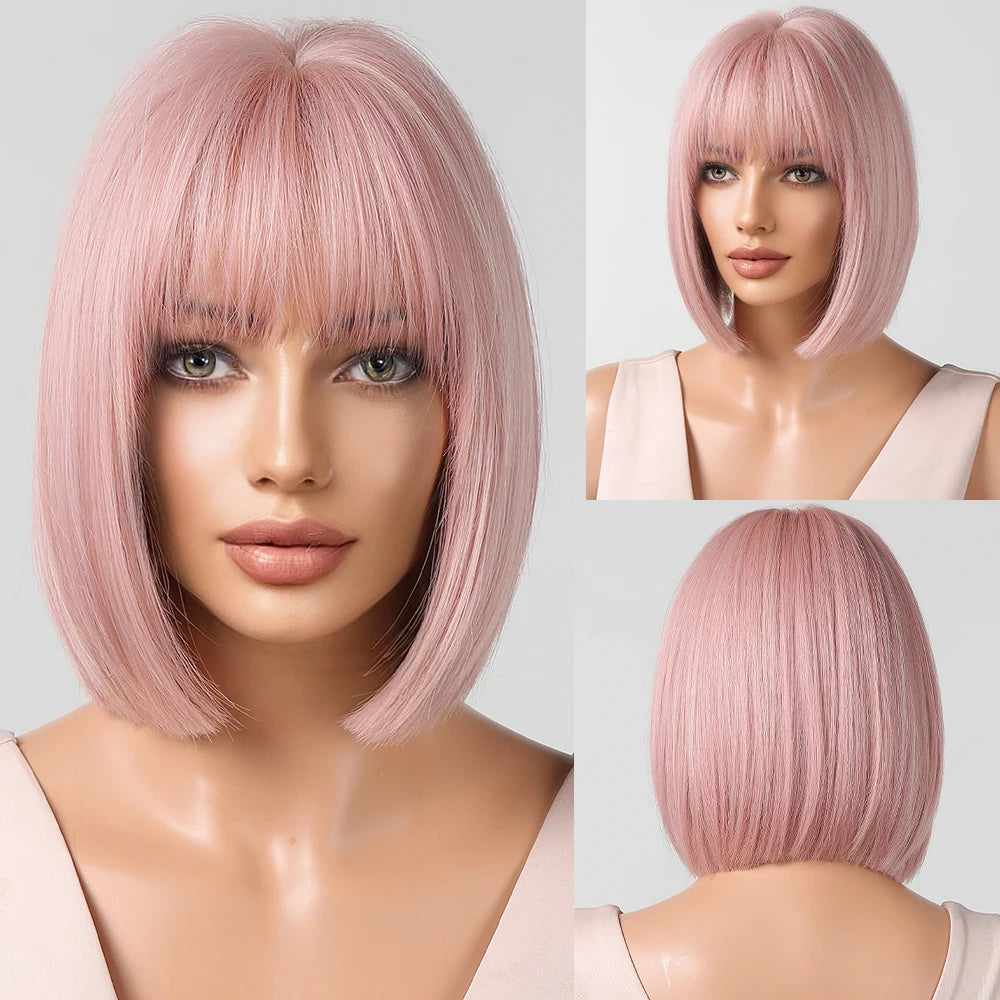 Short Straight Bob Synthetic Wigs Pink Natural Hair Wig with Bangs for Women Cosplay Cute Hair Style Heat Resistant Fiber